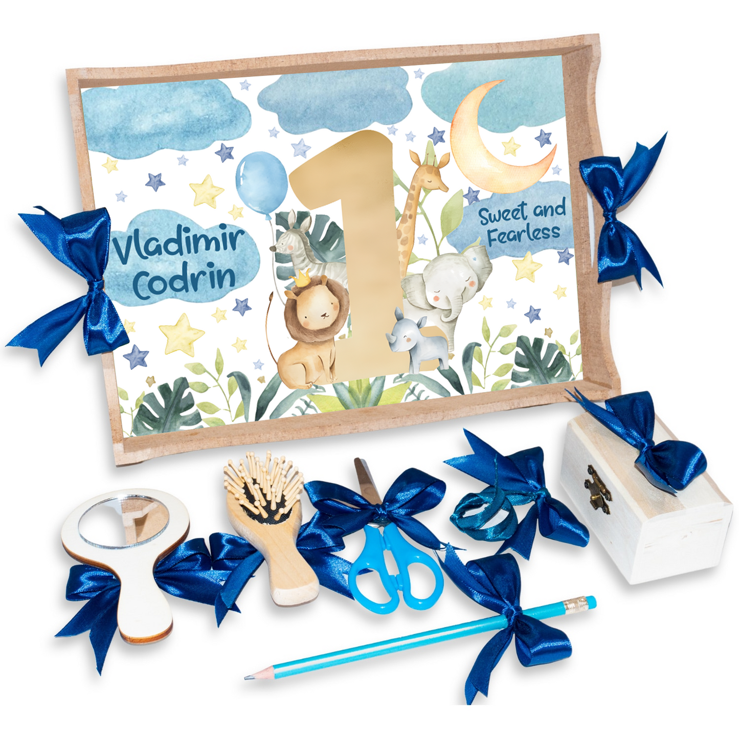 Tava pentru Mot Personalizata pentru baieti, Model Safari, Culoare Natur, Funde Albastre