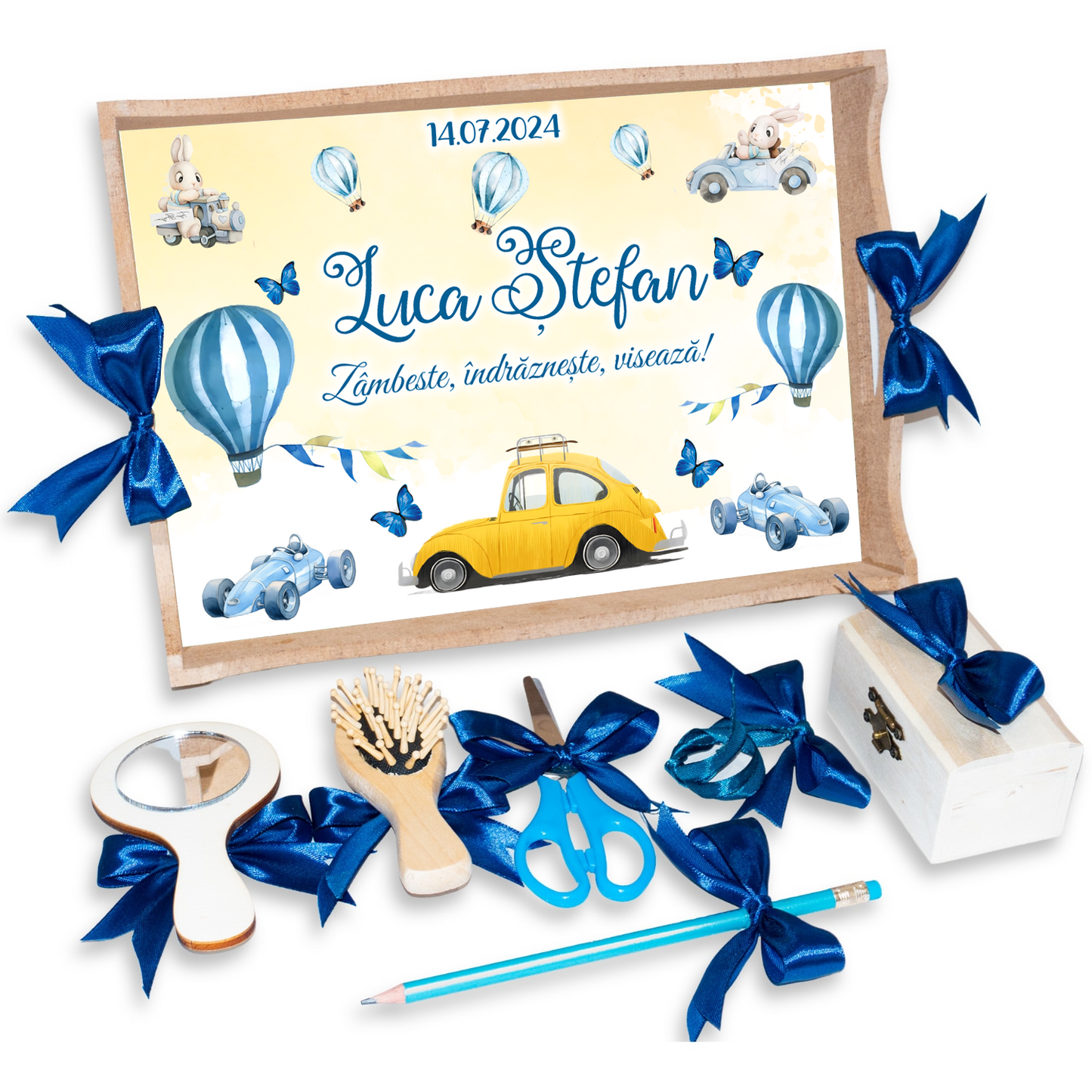 Tava pentru Mot Personalizata pentru baieti, Model Masinuta, Culoare Natur, Funde Albastre