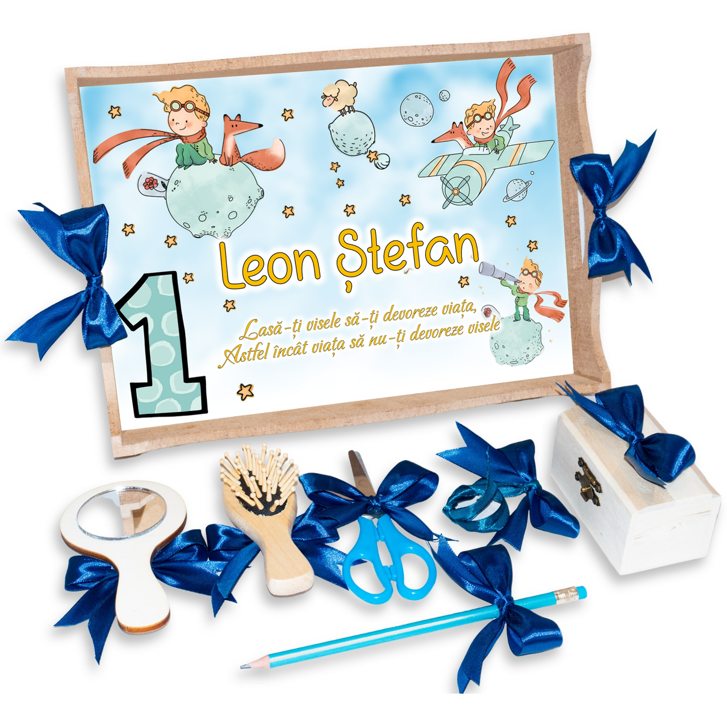 Tava pentru Mot Personalizata pentru baieti, Model Micul Print, Culoare Natur, Funde Albastre