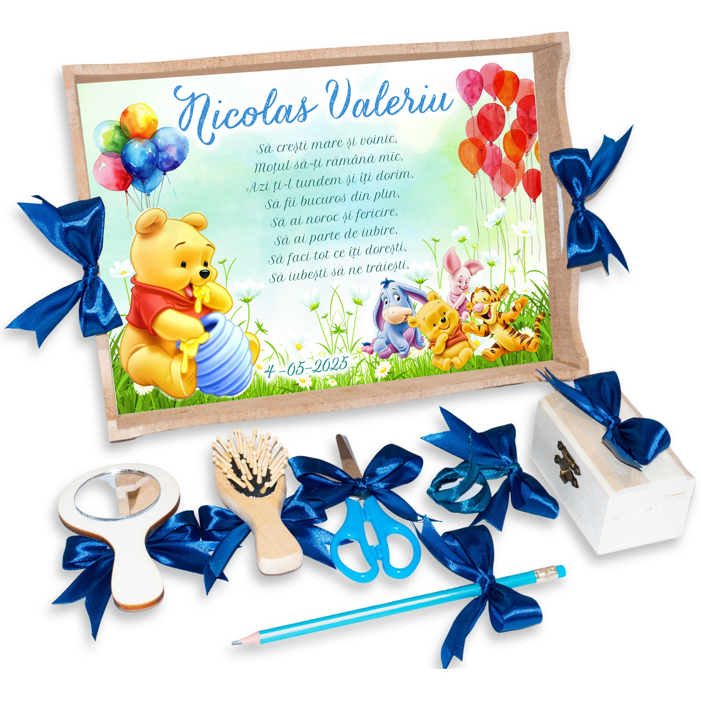 Tava pentru Mot Personalizata pentru baieti, Model Winnie The Pooh, Culoare Natur, Funde Albastre
