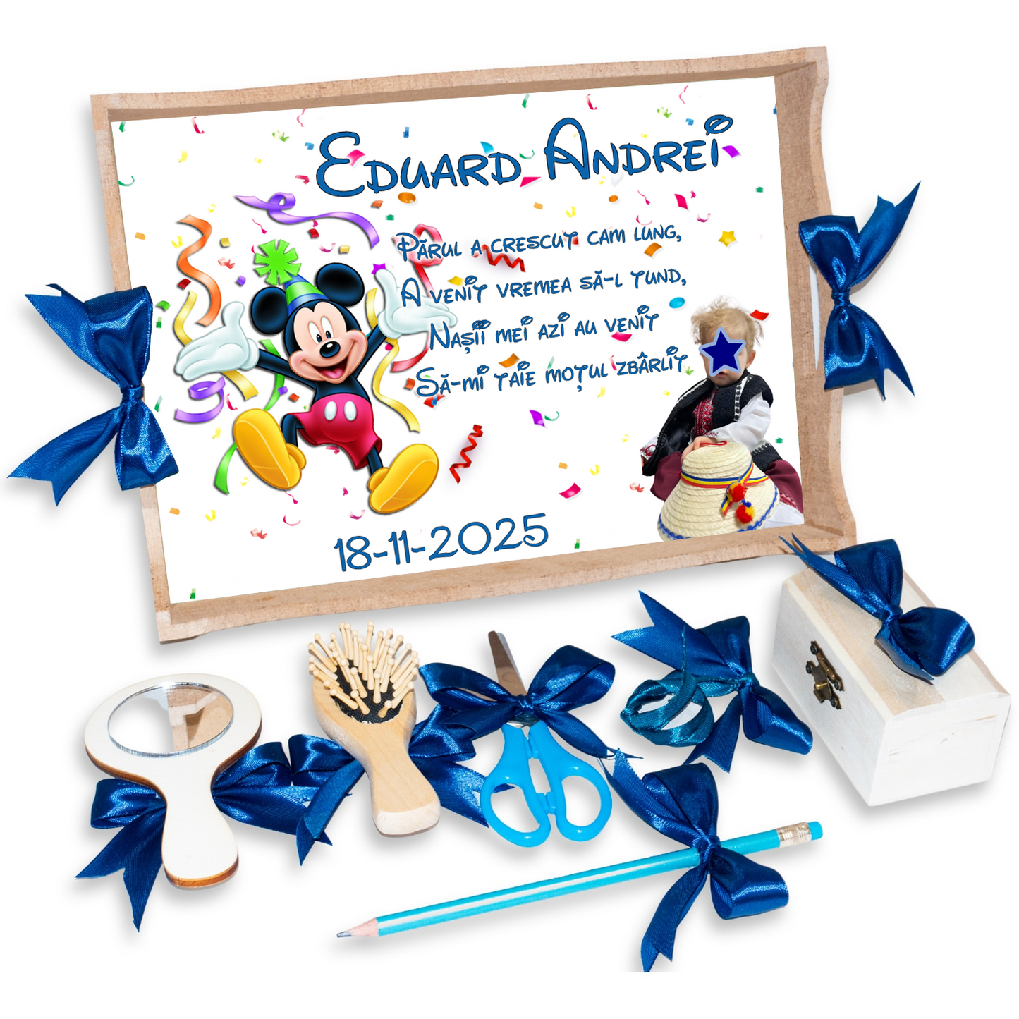 Tava pentru Mot Personalizata pentru baieti, Model Mickey Mouse, Culoare Natur, Funde Albastre