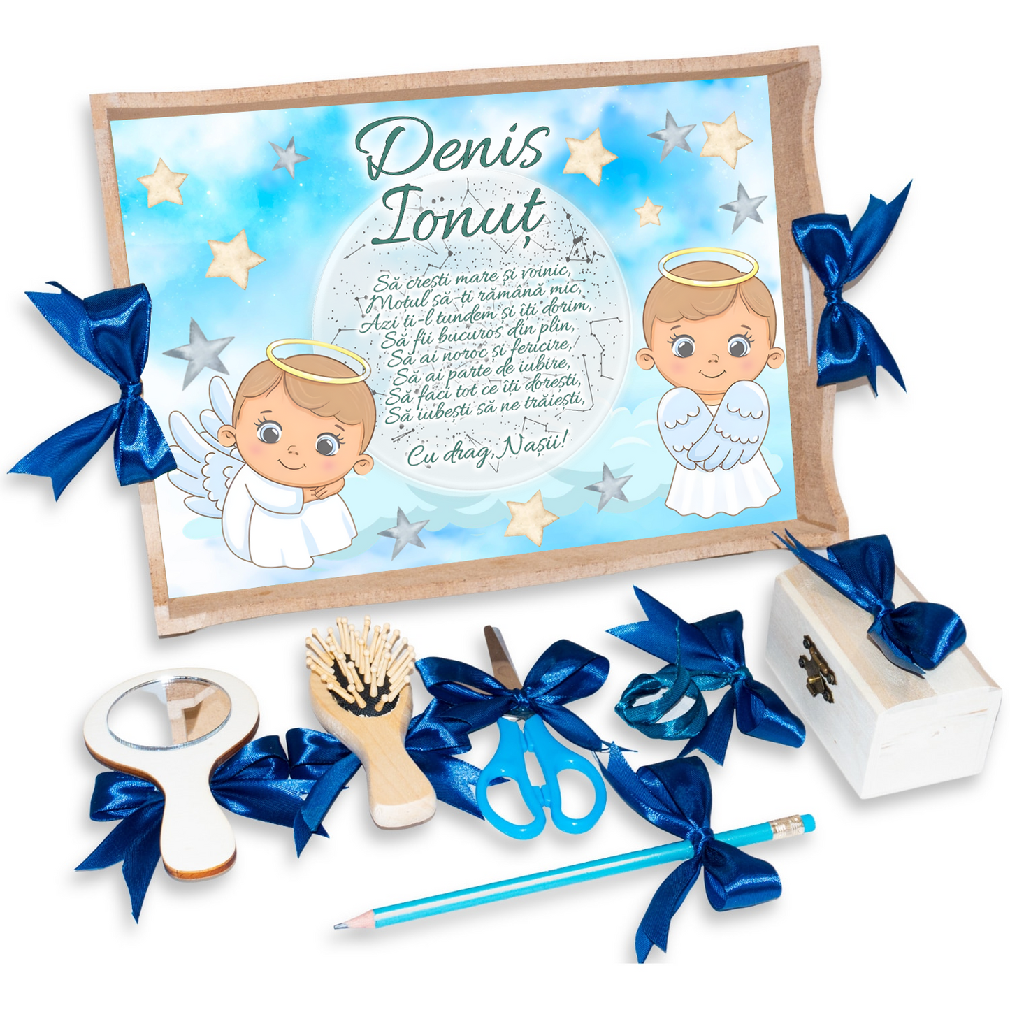 Tava pentru Mot Personalizata pentru baieti, Model Ingeras, Culoare Natur, Funde Albastre