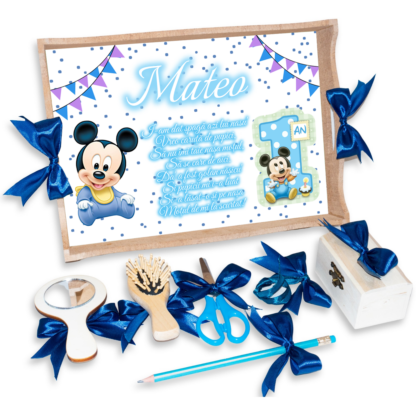 Tava pentru Mot Personalizata pentru baieti, Model Baby Mickey Mouse, Culoare Natur, Funde Albastre
