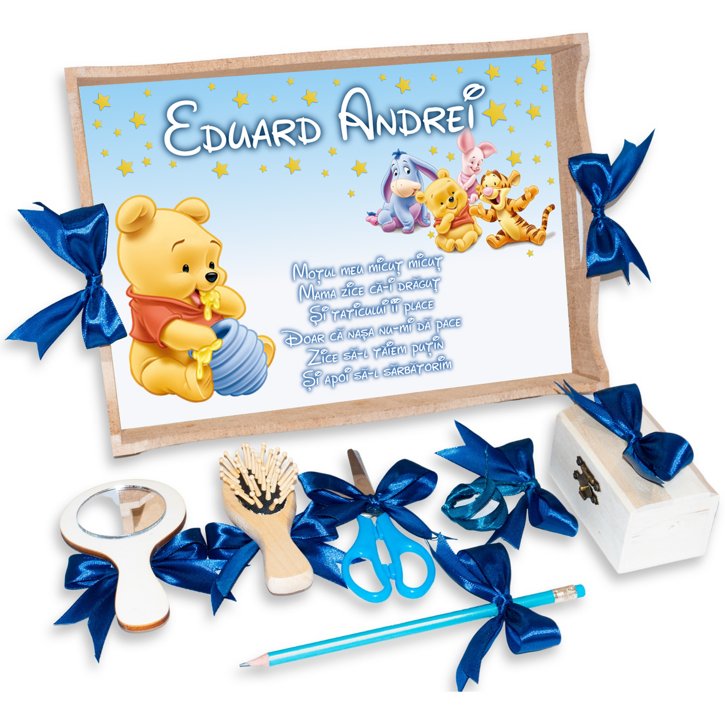 Tava pentru Mot Personalizata pentru baieti, Model Winnie The Pooh, Culoare Natur, Funde Albastre