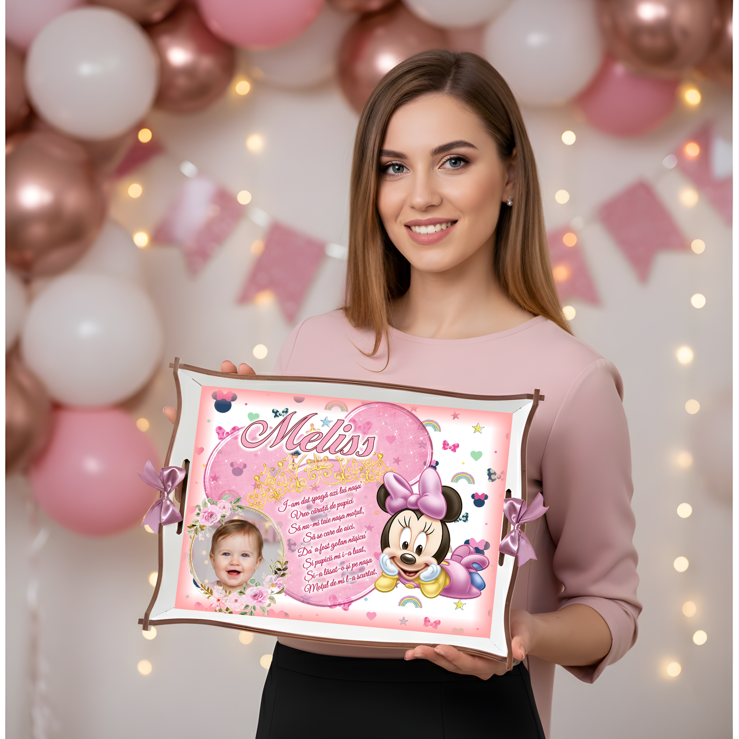 Tavă de moț personalizată tematică Minnie Mouse – cadou pentru prima aniversare