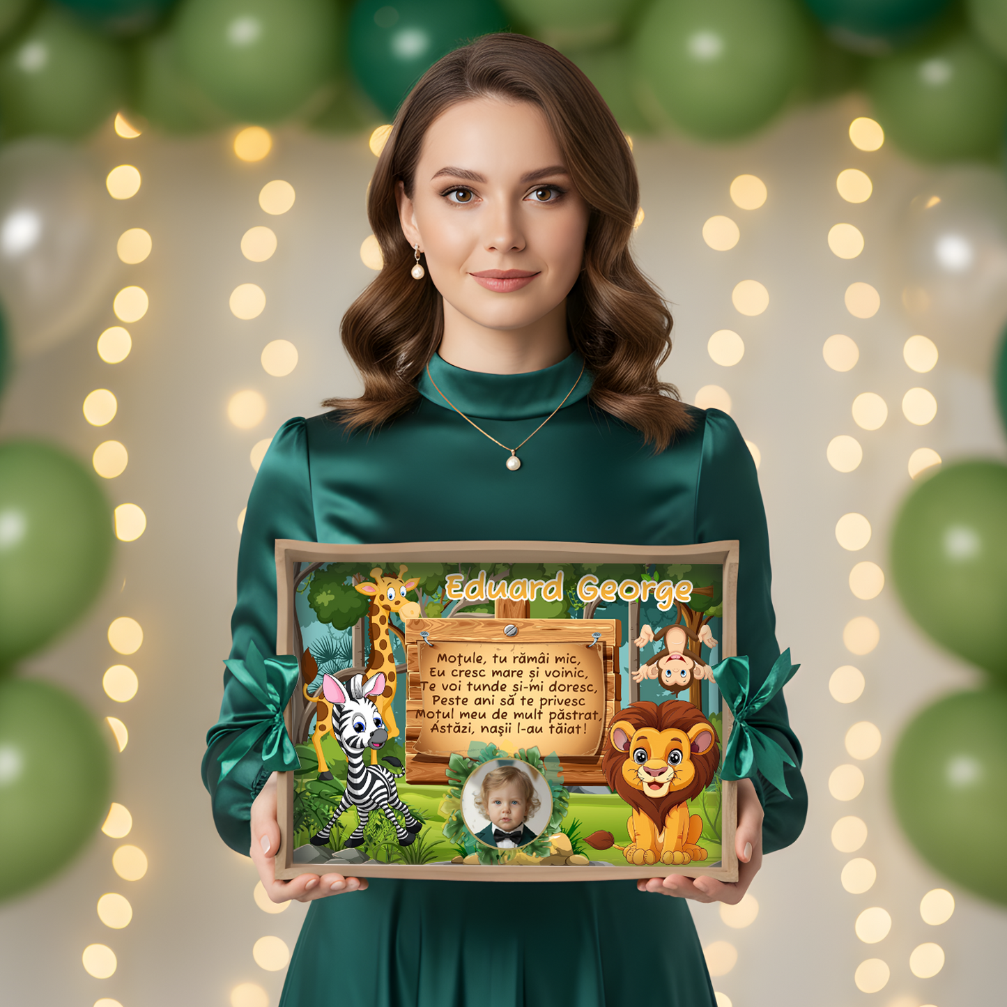 Tava mot safari pentru copii, design jungla verde cu animalute