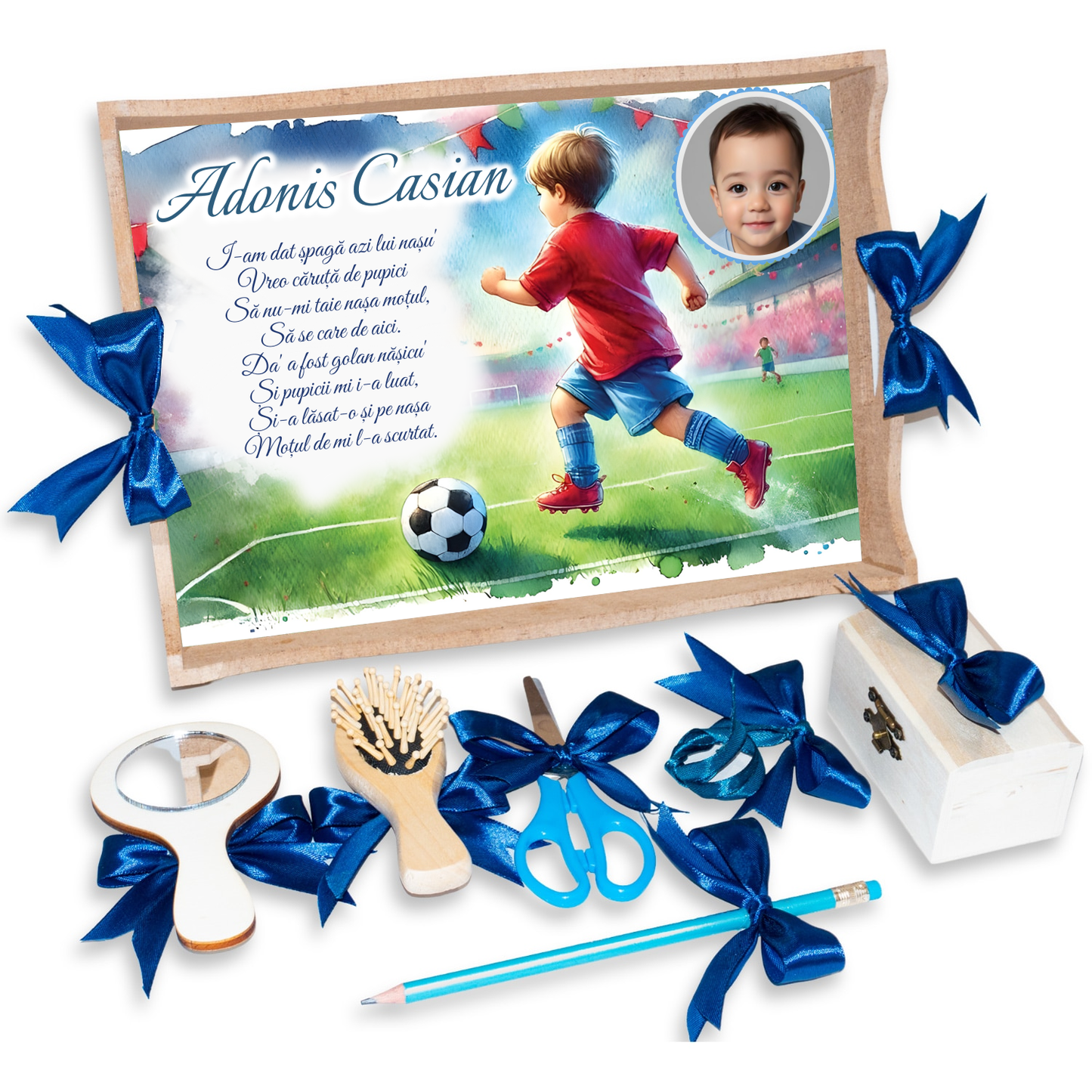 Tava pentru Mot Personalizata pentru baieti, Model Fotbalist, Culoare Natur, Funde Albastre