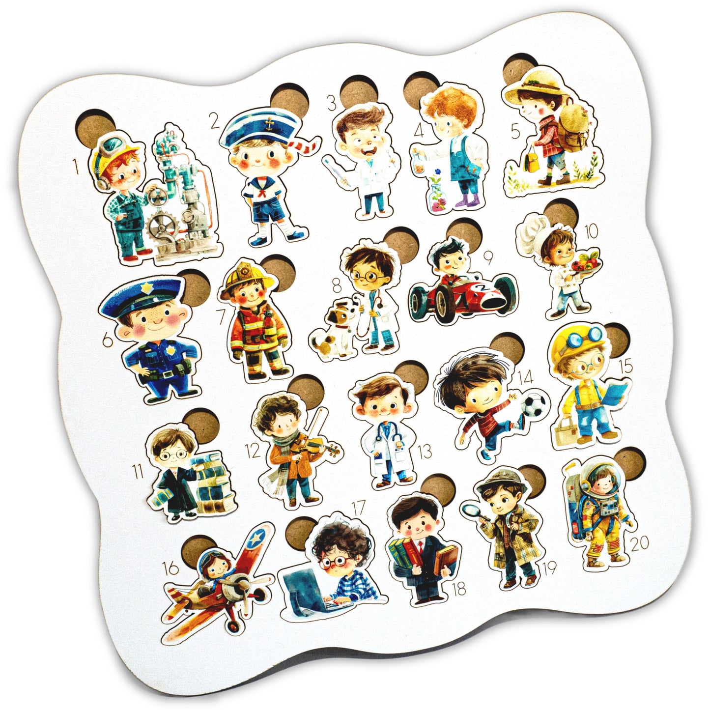 Puzzle din lemn cu Meserii pentru Tava de mot, 20 piese cu Meserii si Ocupatii Pentru Baieti, Interactiv, 3 Magneti auto-adezivi,