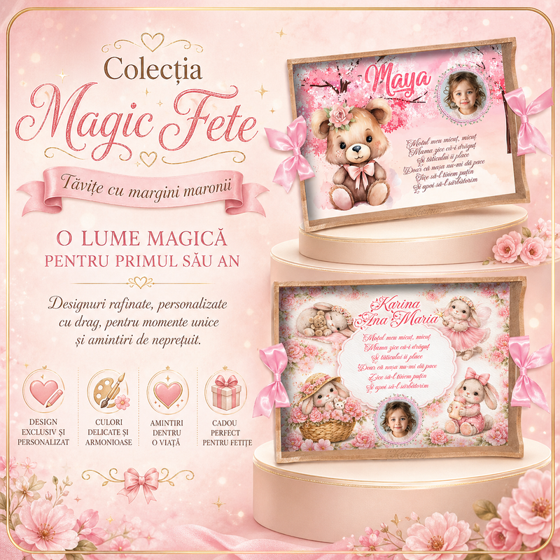 tăvițe de moț personalizate pentru fetițe, create cu tematici fermecătoare