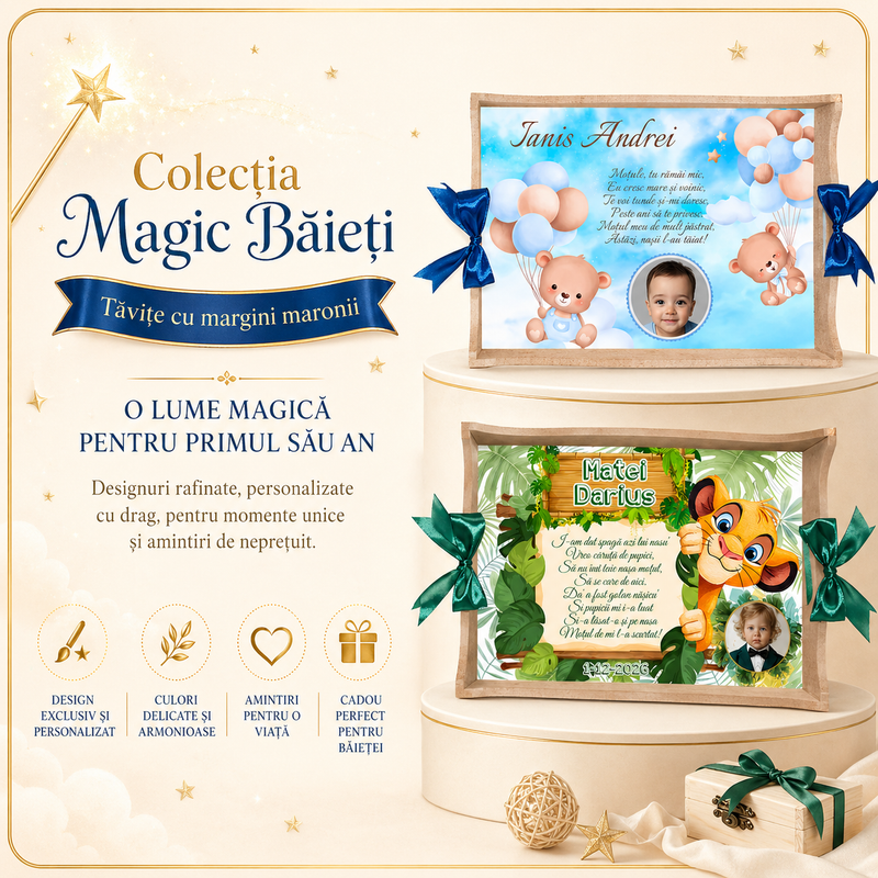 tăvițe de moț personalizate pentru băieți, create cu tematici jucăușe și pline de imaginație: eroi, dinozauri, animale, aventuri, personaje îndrăgite