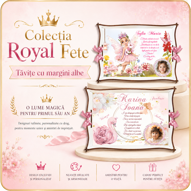 tăvițe de moț personalizate pentru fetițe, create cu tematici magice: prințese, unicorni, zâne, curcubee și personaje îndrăgite. Fiecare set este