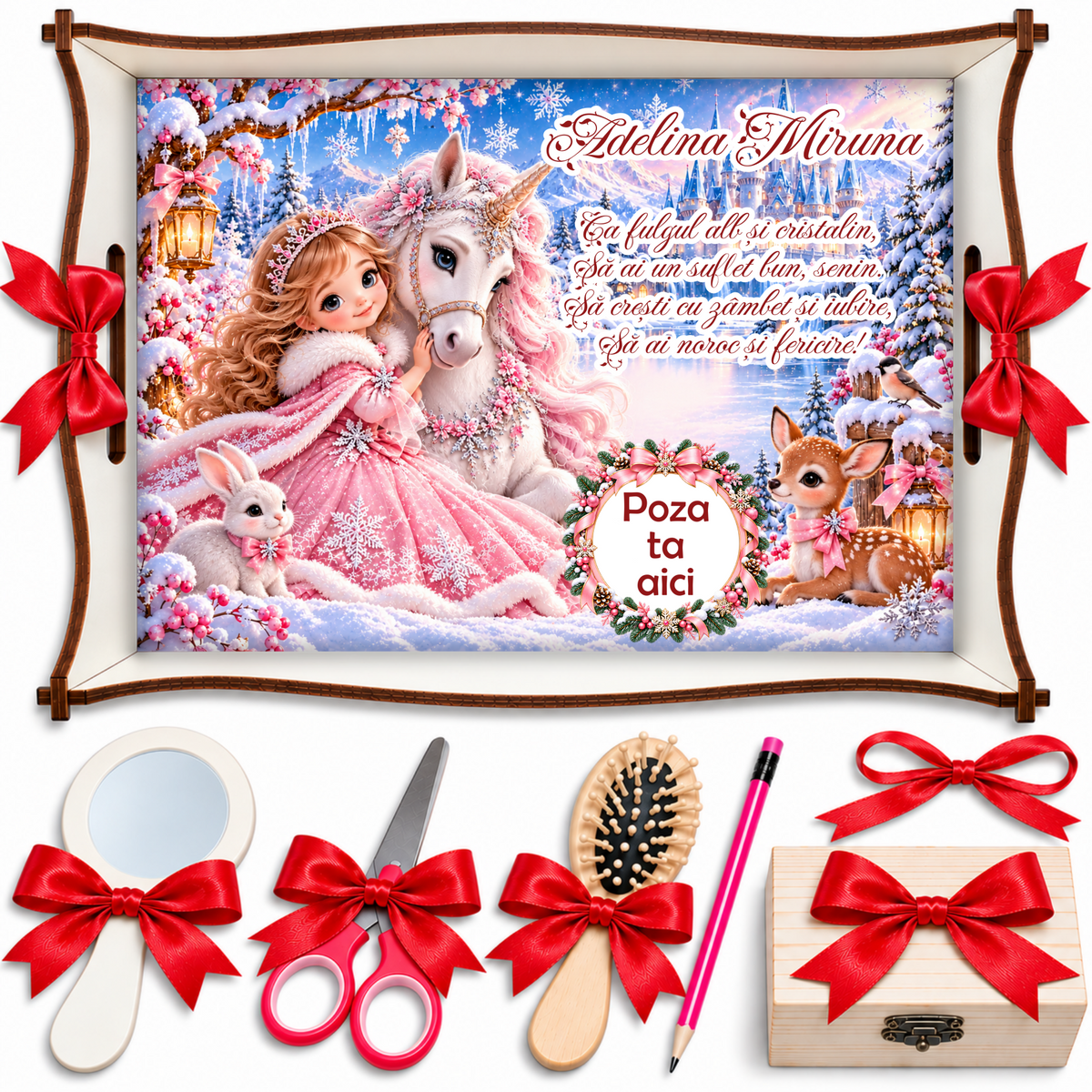 Tăviță de Moț Personalizată – Prințesa Zăpezii cu Unicorn, Set 7 Piese, Tematică de Iarnă