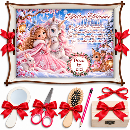 Tăviță de Moț Personalizată – Prințesa Zăpezii cu Unicorn, Set 7 Piese, Tematică de Iarnă