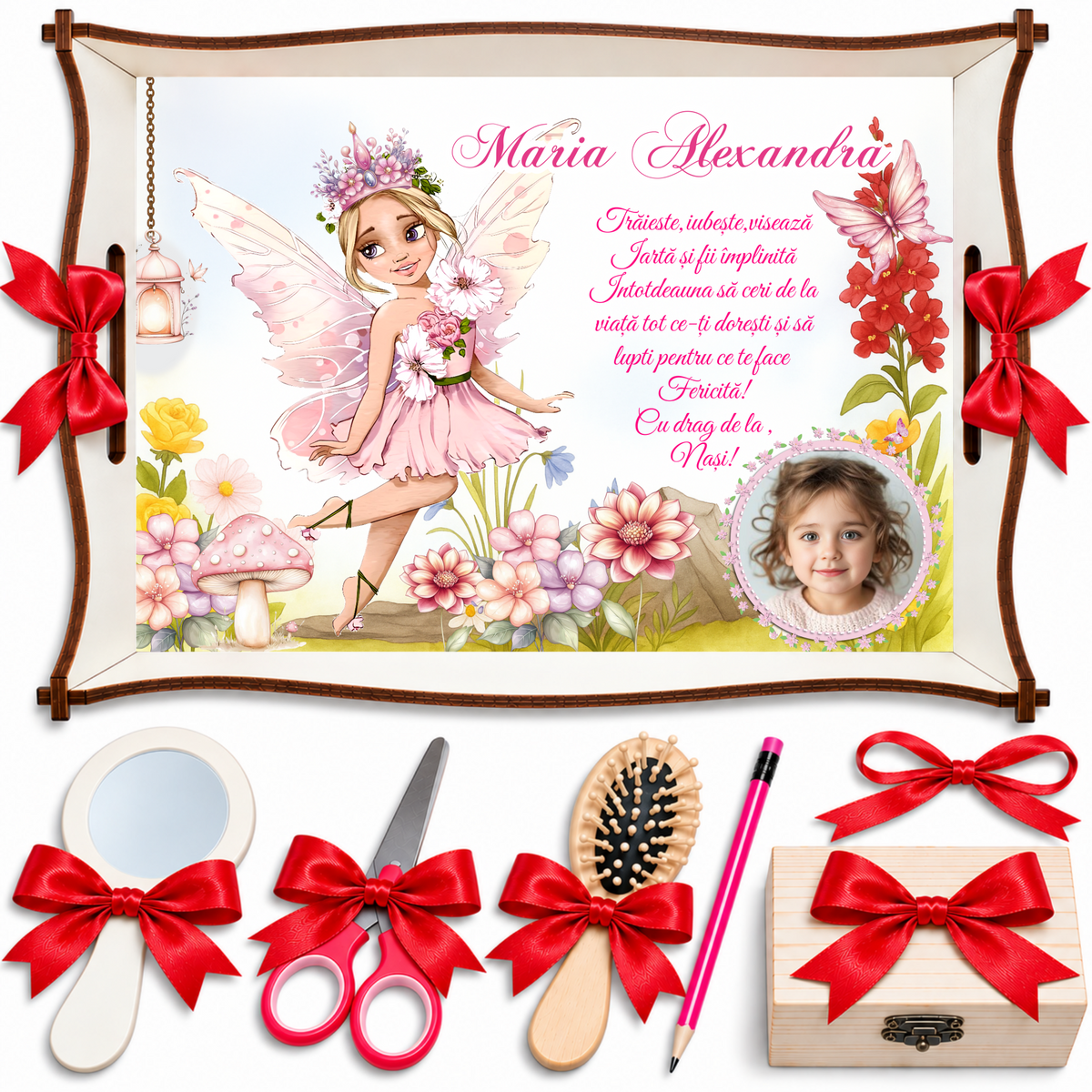 Tăviță Moț Personalizată Fetițe – Zâna Florilor Roz, Set 7 Piese