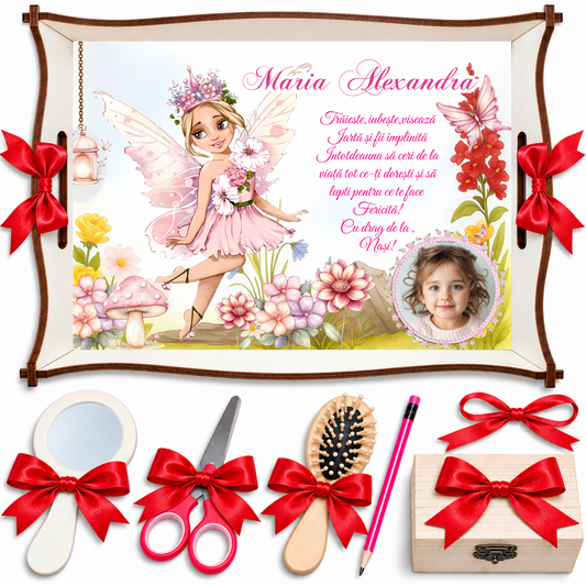 Tăviță Moț Personalizată Fetițe – Zâna Florilor Roz, Set 7 Piese