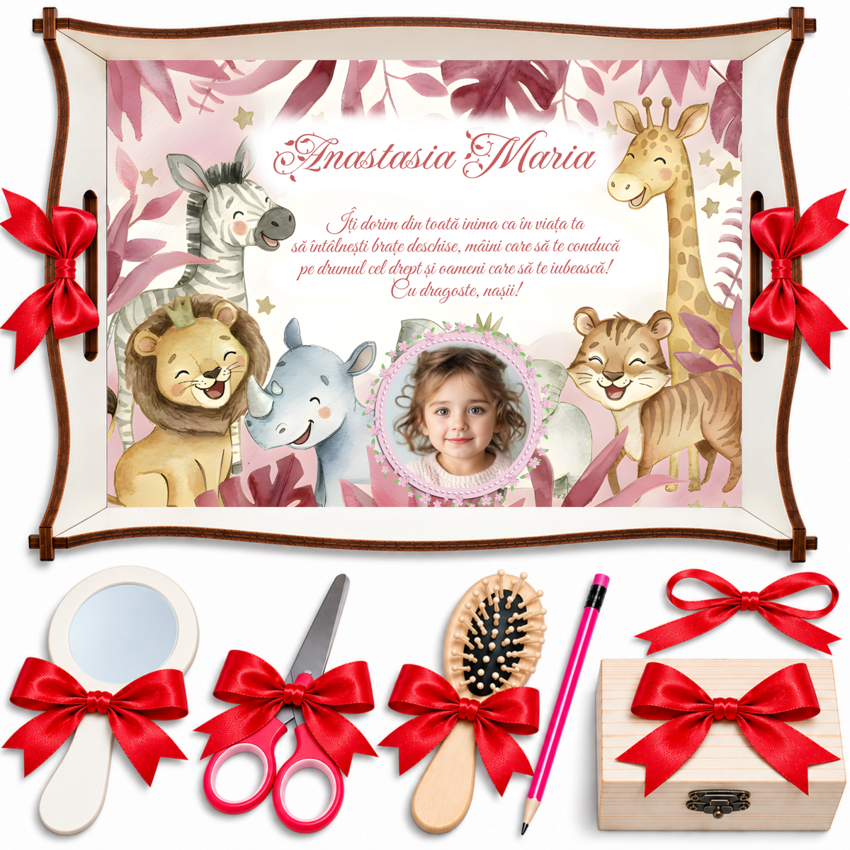 Set Moț Personalizat Fetițe – Safari Roz cu Animăluțe, 7 Piese