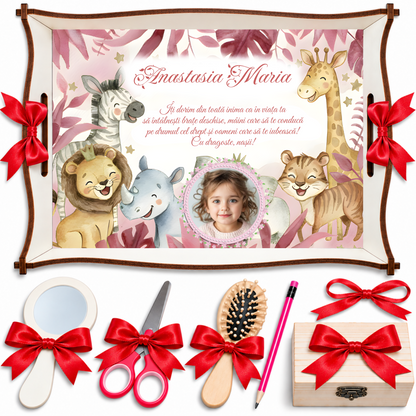 Set Moț Personalizat Fetițe – Safari Roz cu Animăluțe, 7 Piese