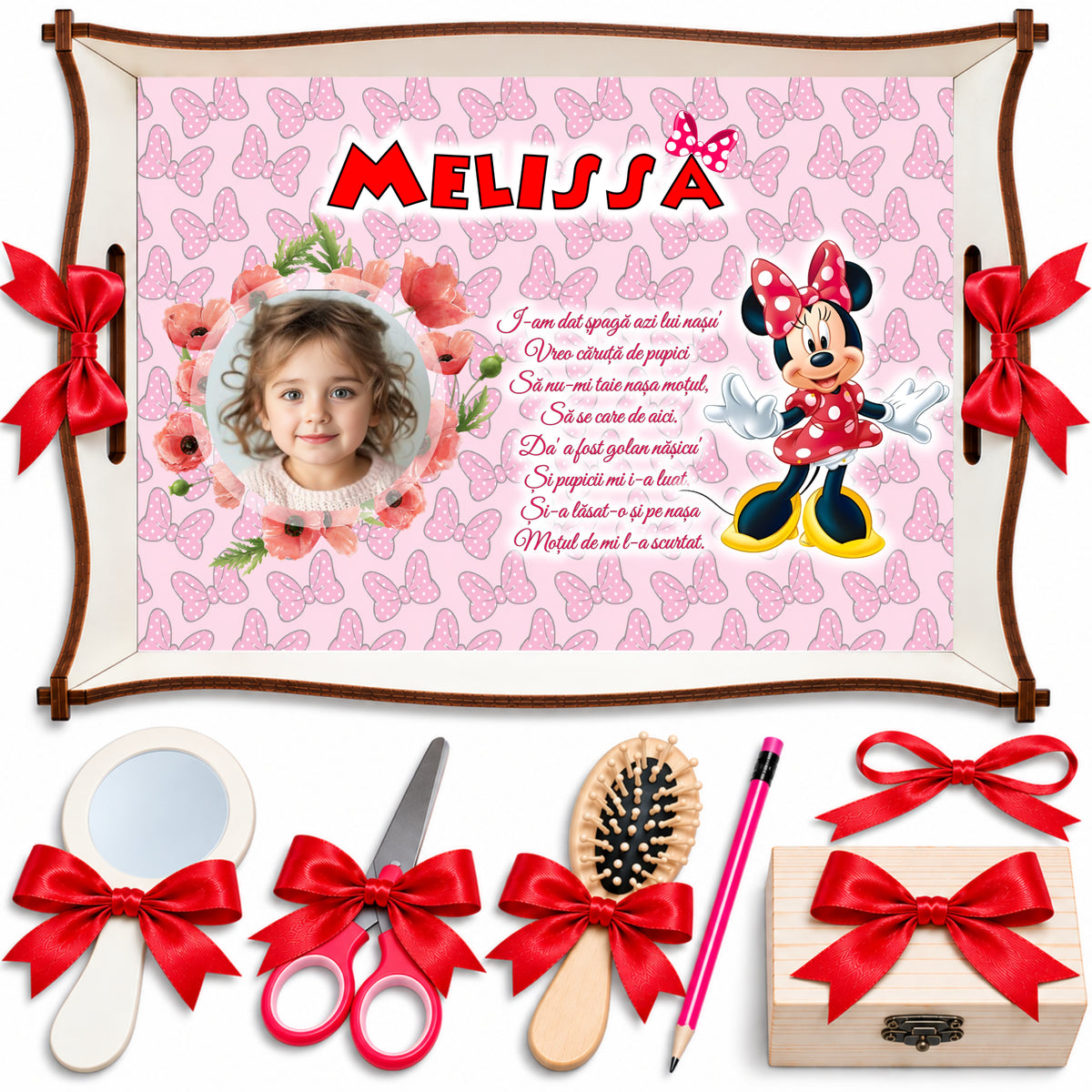 Tăviță Moț Personalizată Fetițe – Minnie cu Flori de Mac, Set 7 Piese