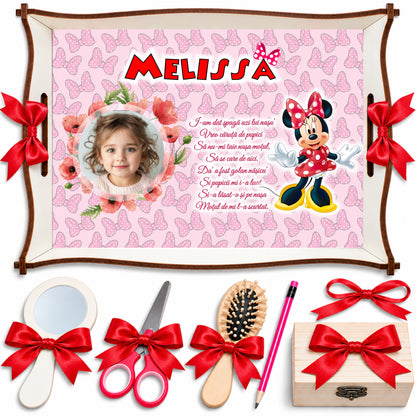 Tăviță Moț Personalizată Fetițe – Minnie cu Flori de Mac, Set 7 Piese