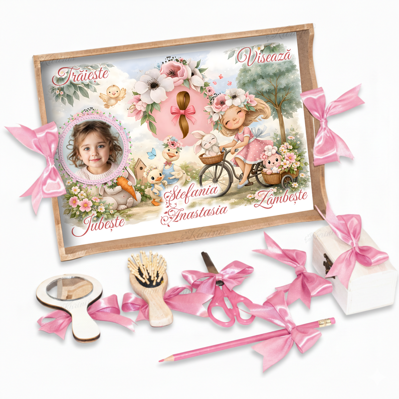 Set Tavita Mot Vintage cu Fetita si Bicicleta - Tava Personalizata Taiere Mot Fetite Poveste de Primavara