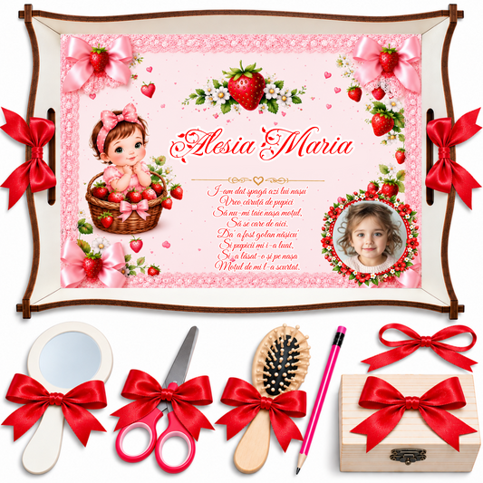 Set Turta Fetita Personalizat cu Capsuni Roz si Poza – 7 Piese