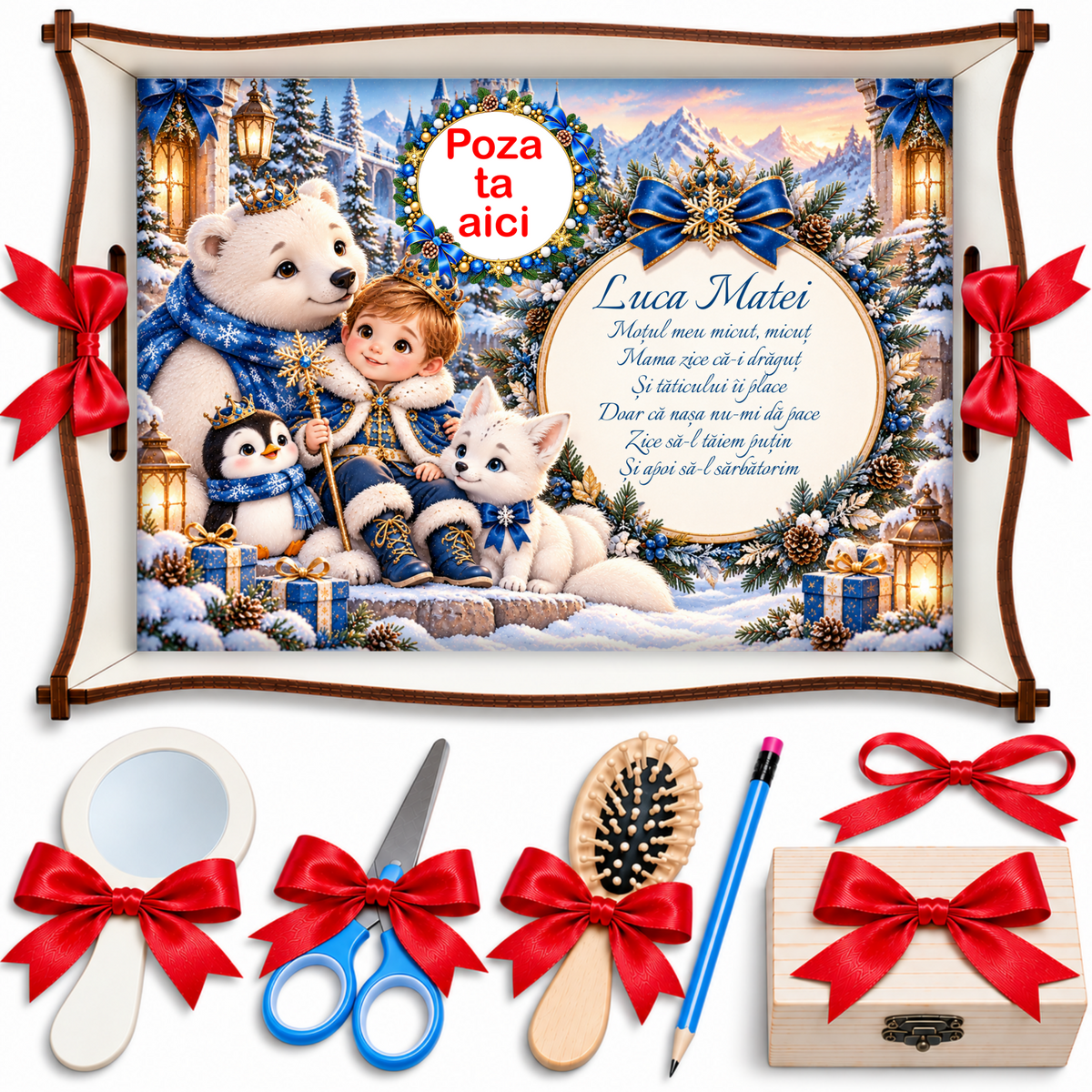 Set Mot Baieti Personalizat - Printul Iernii cu Urs Polar, Pinguin si Vulpe Alba