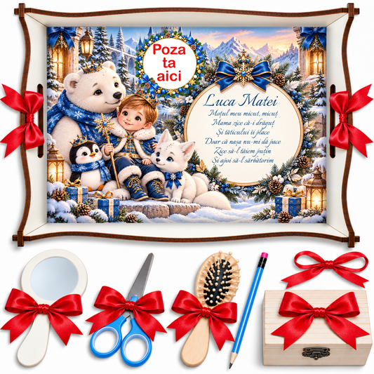 Set Mot Baieti Personalizat - Printul Iernii cu Urs Polar, Pinguin si Vulpe Alba