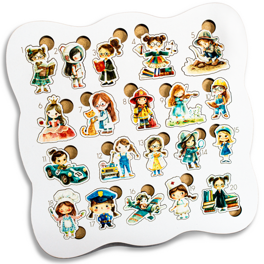 Puzzle din lemn cu Meserii pentru Tava de mot, 20 piese cu Meserii si Ocupatii Pentru Fete, Interactiv, 3 Magneti auto-adezivi,