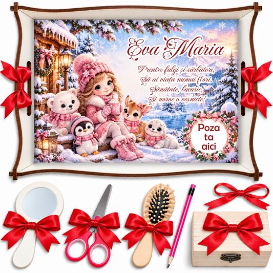 Set Moț Fetiță – Poveste de Iarnă cu Pinguin, Ursuleț Polar și Căprioară, Personalizat