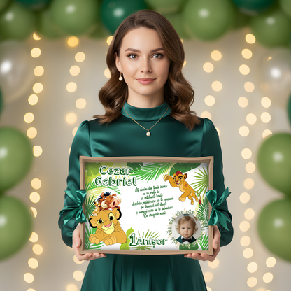 Tavita aniversara cu Simba, personalizare cu poza copilului – tema Regele Leu