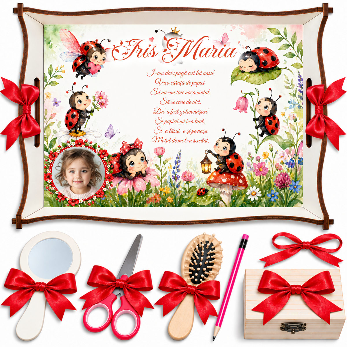 Tavita Turta Personalizata cu Buburuze si Flori – Set 7 Piese Fetite
