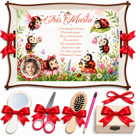 Tavita Turta Personalizata cu Buburuze si Flori – Set 7 Piese Fetite
