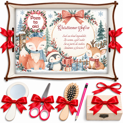 Set Tăiere Moț Fetiță – Crăciun în Pădure cu Vulpiță, Ren și Pinguin, Personalizat