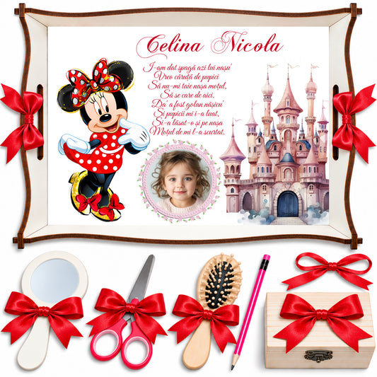 Tava Mot Fetite cu Minnie si Castel Roz – Set Personalizat 7 Piese