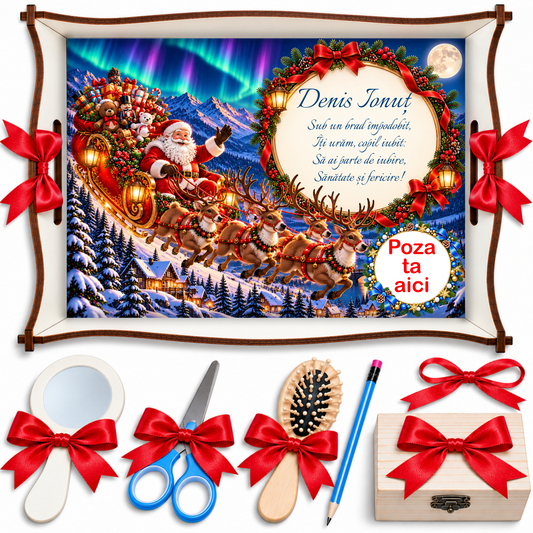 Set Taiere Mot Baieti Personalizat - Sania lui Mos Craciun cu Reni si Aurora Boreala