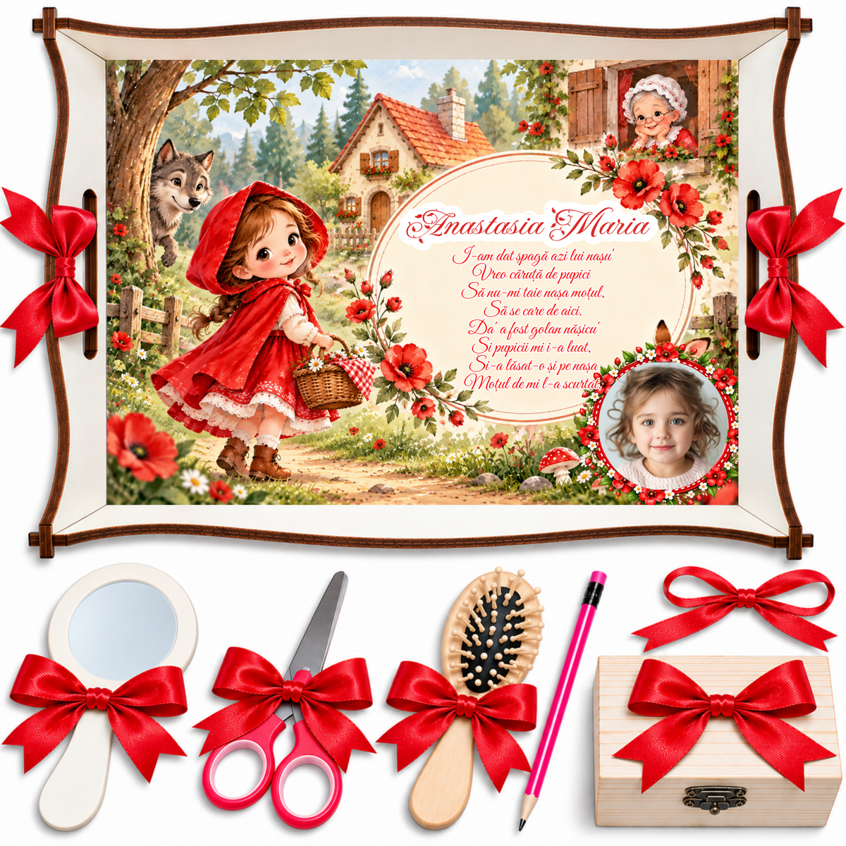Set Tava Mot Fetite Scufita Rosie – Tavita Personalizata cu Poza si Nume, 7 Piese