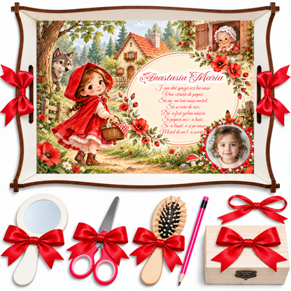 Set Tava Mot Fetite Scufita Rosie – Tavita Personalizata cu Poza si Nume, 7 Piese
