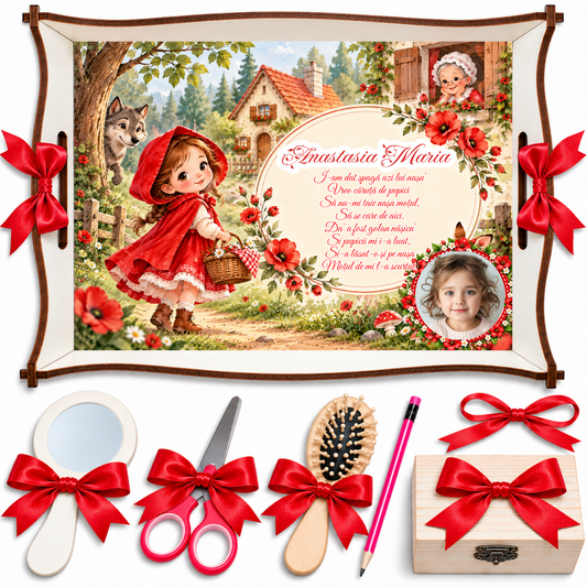 Set Tava Mot Fetite Scufita Rosie – Tavita Personalizata cu Poza si Nume, 7 Piese