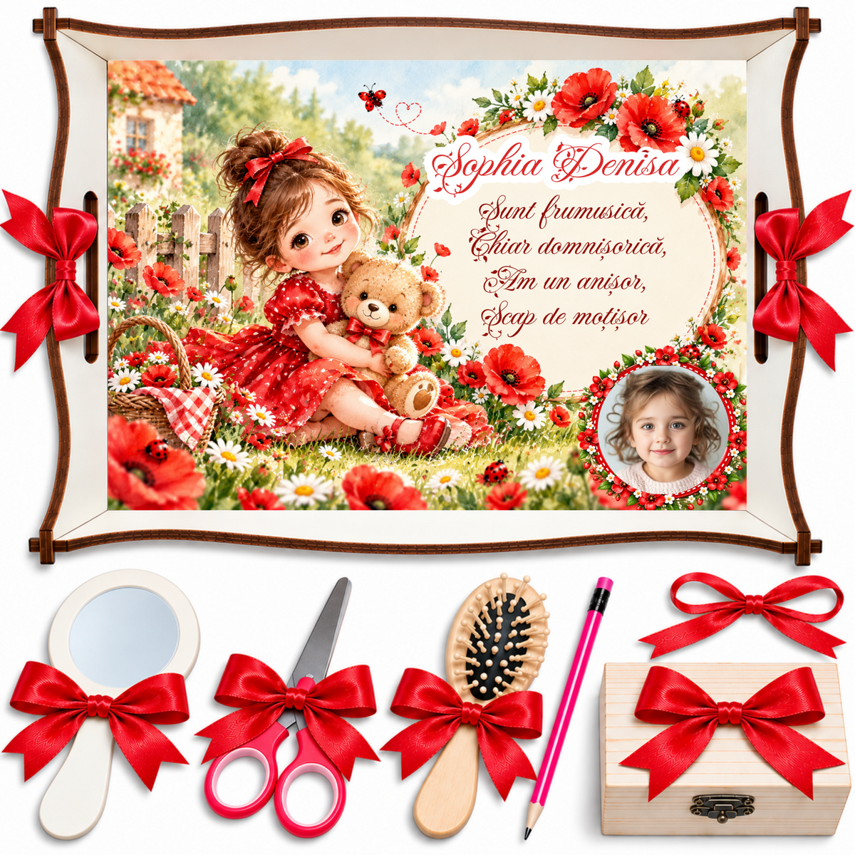 Tăviță Moț Fetițe cu Maci Roșii și Ursuleț – Set Personalizat 7 Piese