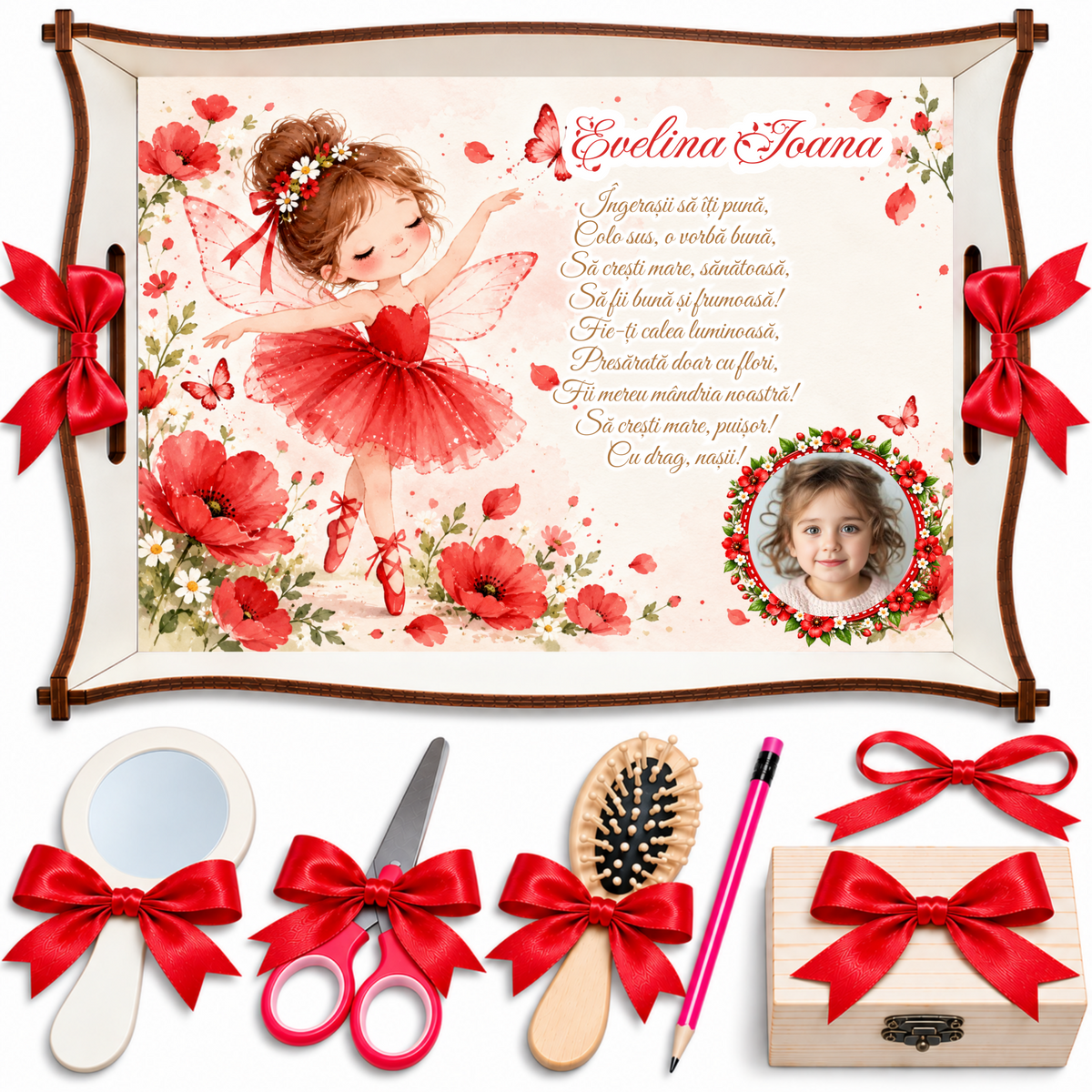 Set Moț Fetițe Balerină Zână Roșie – Tăviță Personalizată cu Poză și Nume, 7 Piese