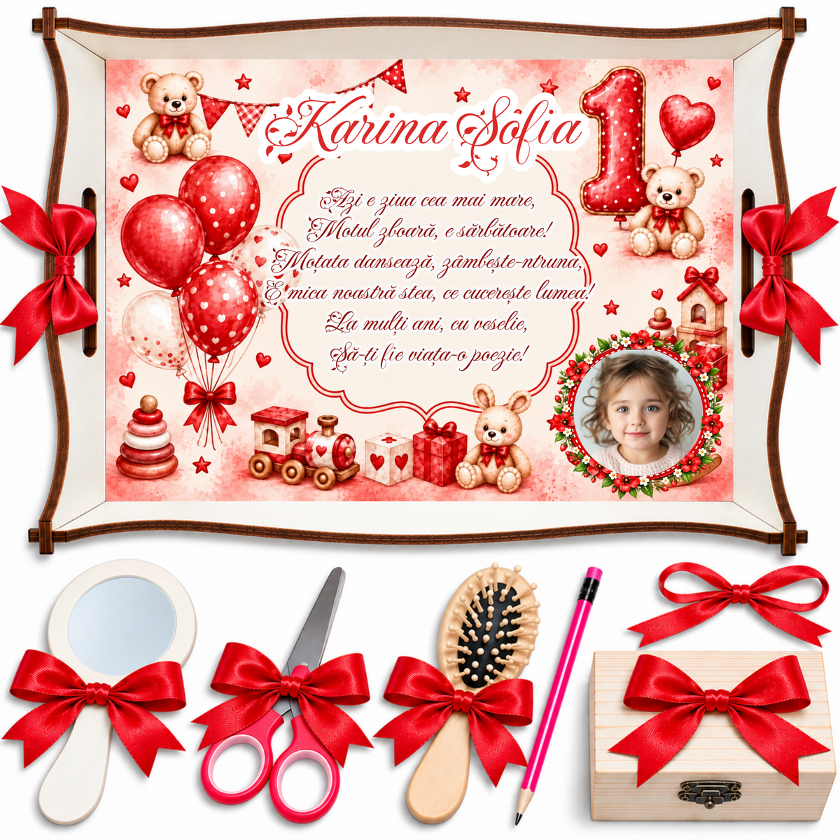 Tavă Mot Fetițe Ursuleți și Baloane Roșii – Set Personalizat 7 Piese