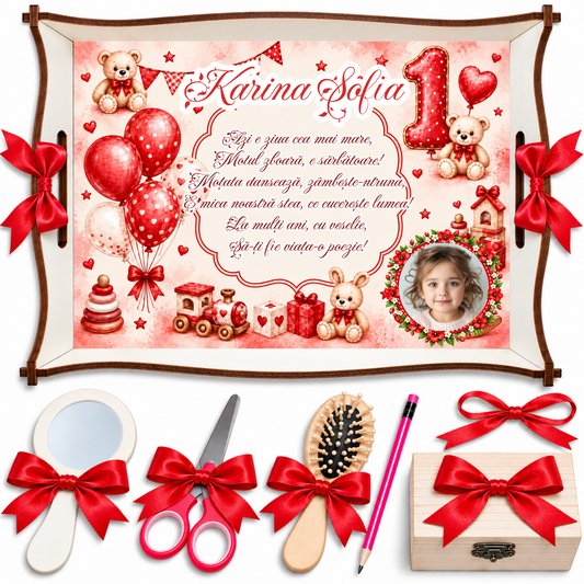 Tavă Mot Fetițe Ursuleți și Baloane Roșii – Set Personalizat 7 Piese