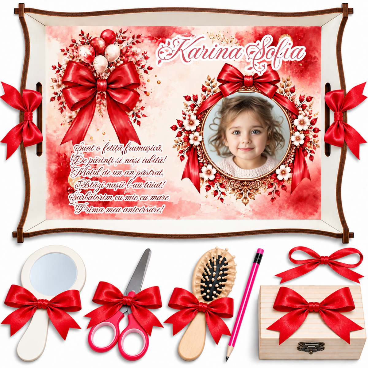 Tăviță mot Fetițe cu Fundițe Roșii Elegante – Set Personalizat cu Poză, 7 Piese