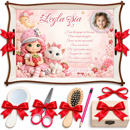 Set Moț Fetițe Zâna Căpșunica Roz cu Pisicuță – Tăviță Personalizată 7 Piese