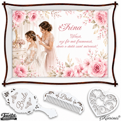 Tavă de Mireasă Mireasa și Nașa în Decor cu Trandafiri Rozalii M56
