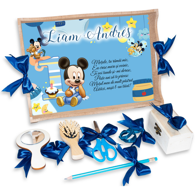 Tava pentru Mot Personalizata pentru baieti, Model Mickey Mouse, Culoare Natur, Funde Albastre
