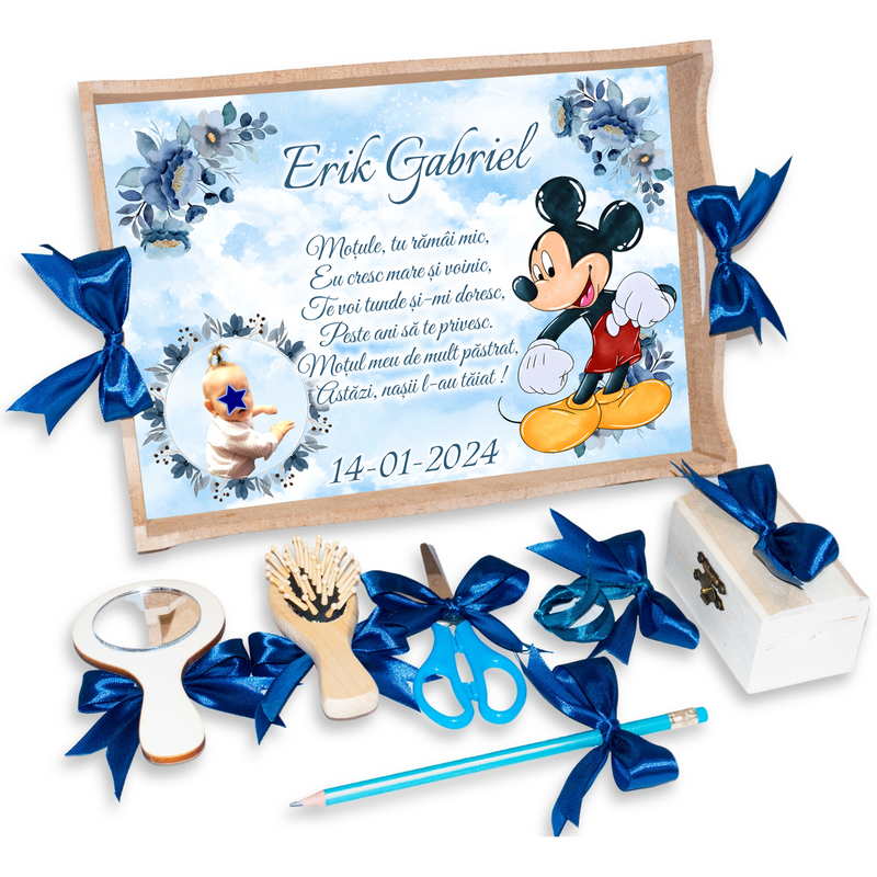 Tava pentru Mot Personalizata pentru baieti, Model Mickey Mouse, Culoare Natur, Funde Albastre