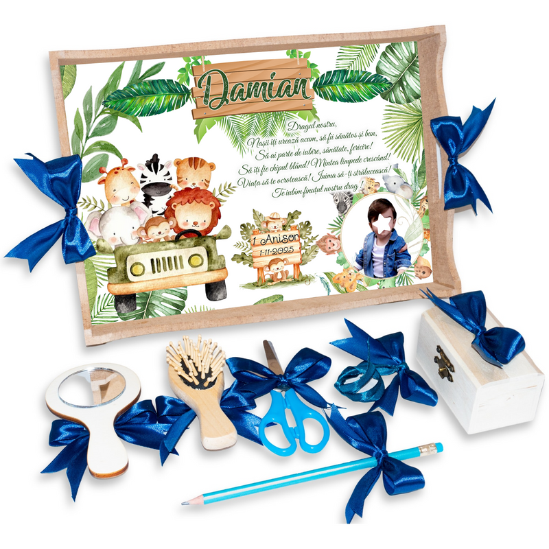 Tava pentru Mot Personalizata pentru baieti, Model Safari, Culoare Natur, Funde Albastre