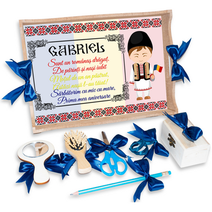 Tava pentru Mot Personalizata pentru baieti, Model Traditional, Culoare Natur, Funde Albastre
