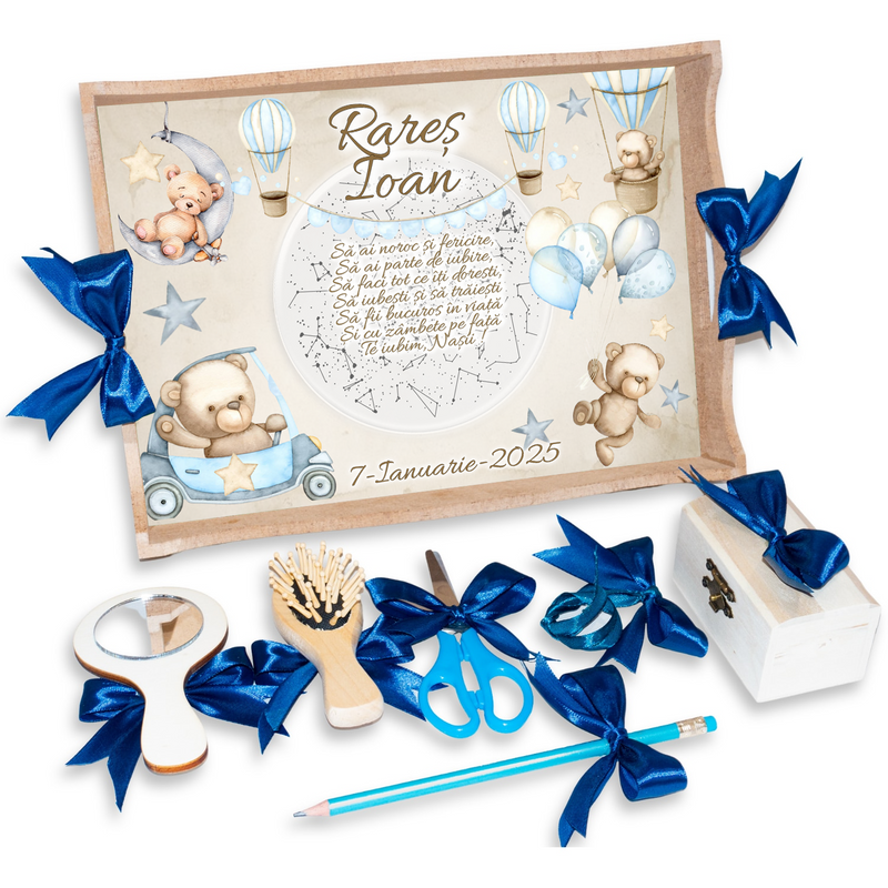 Tava pentru Mot Personalizata pentru baieti, Model Ursulet, Culoare Natur, Funde Albastre